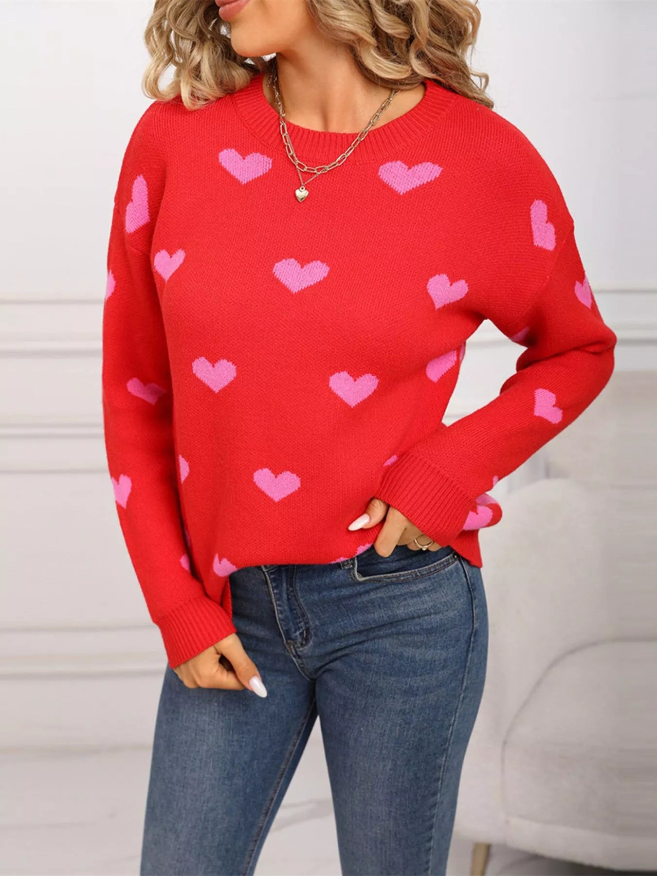 Valentine's Day Heart Pattern Dropped Shoulder Sweater