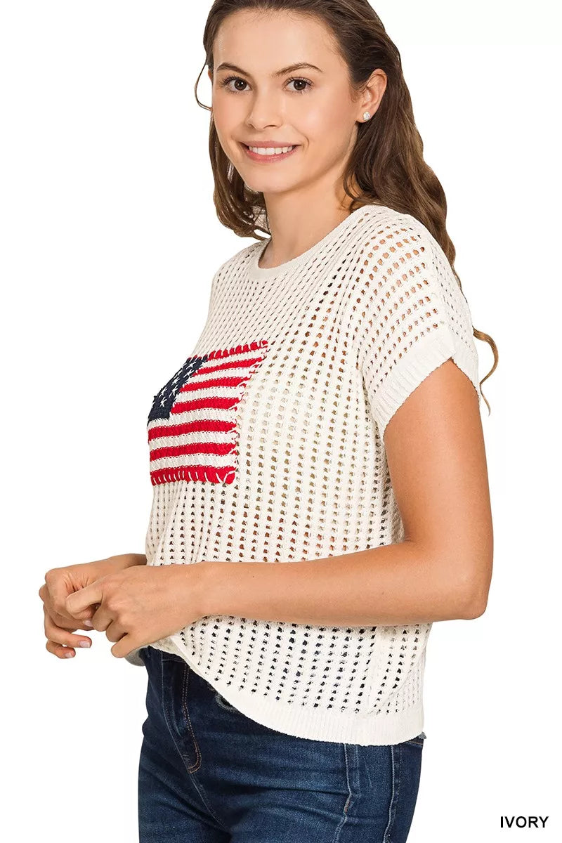 Zenana Viscose American Flag Openwork Knit Top