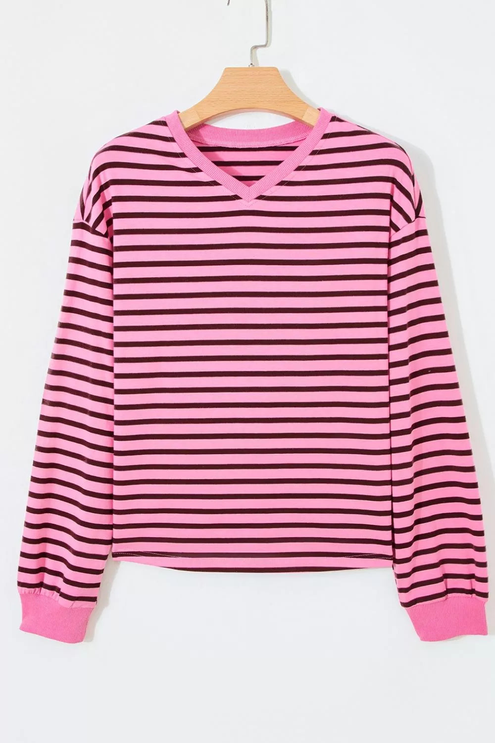Stripe V Neck Drop Shoulder Long Sleeve Top