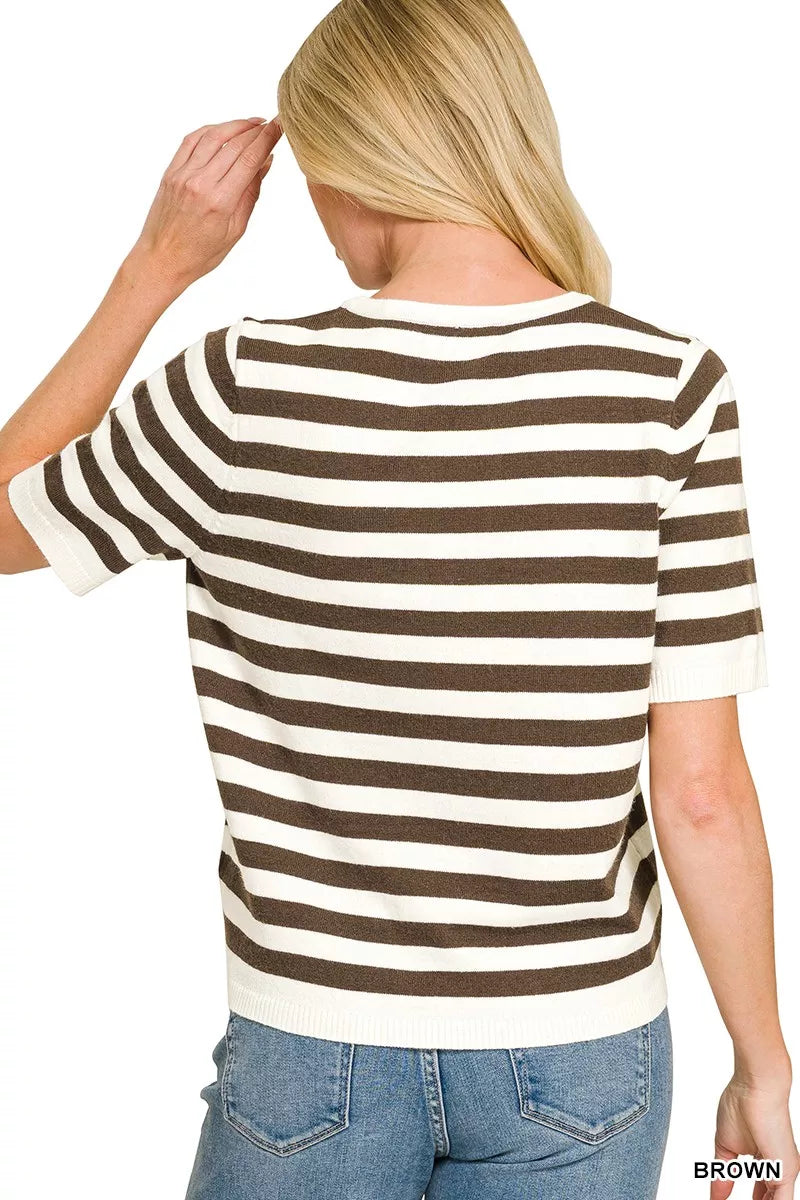 Zenana Split Neck Stripe Short Sleeve Sweater