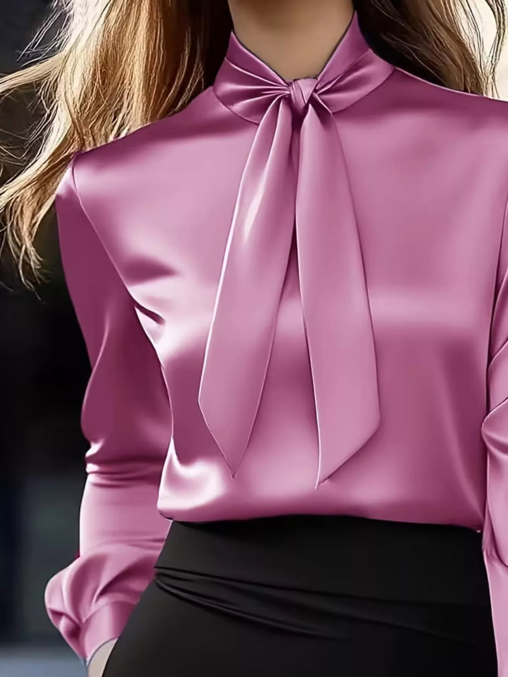 Satin Bow Tie Long Sleeve Blouse