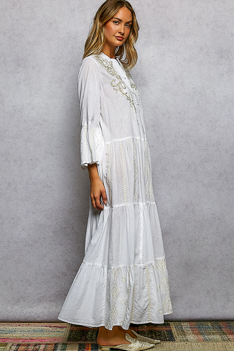 POL Embroidered Floral Tiered Maxi Dress