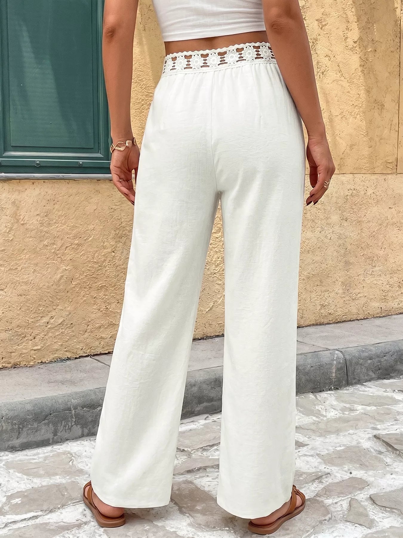 High Waist Wide Leg Pants with Crochet Trim