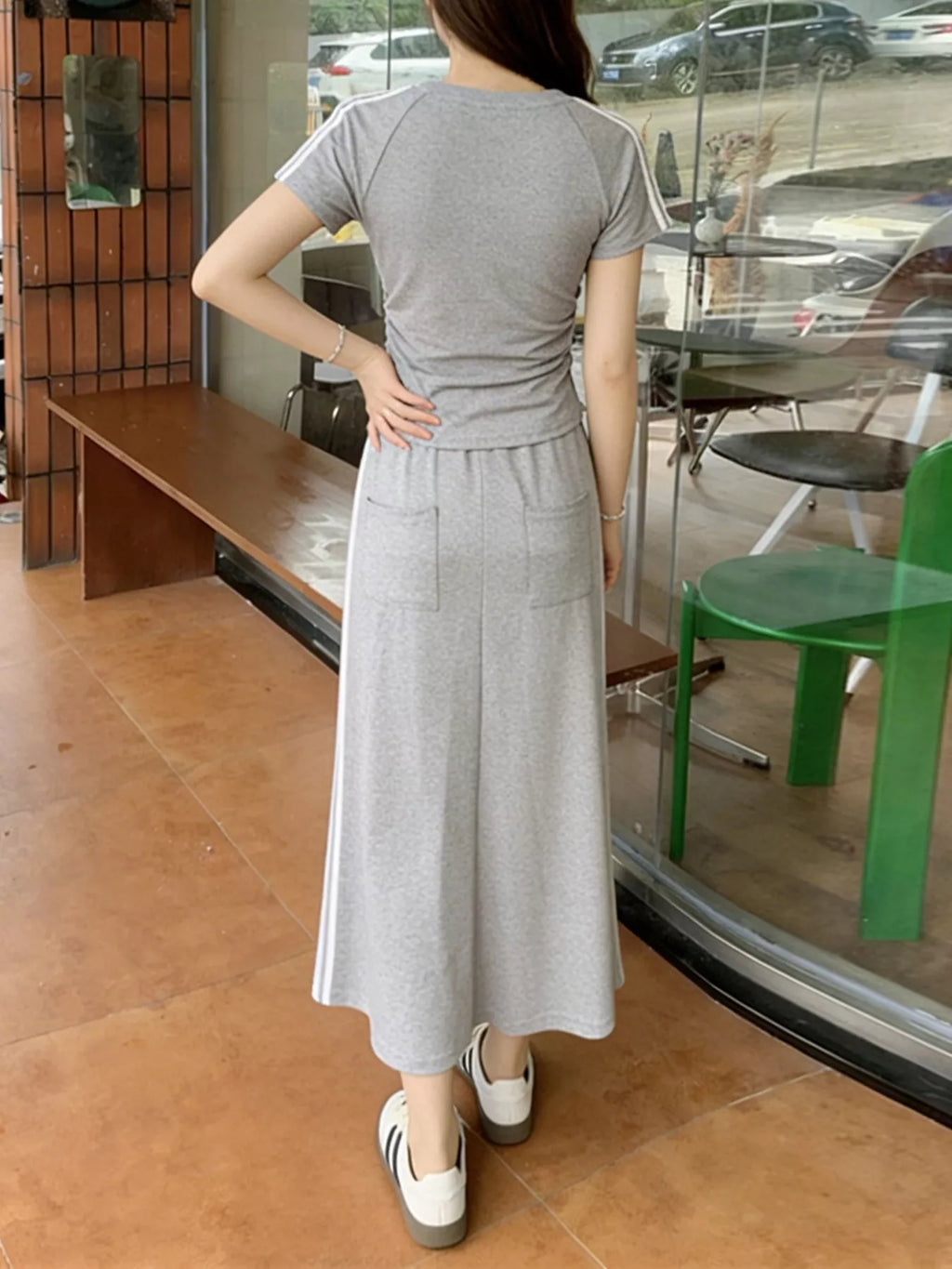 Striped Round Neck Tee and Skirt Set