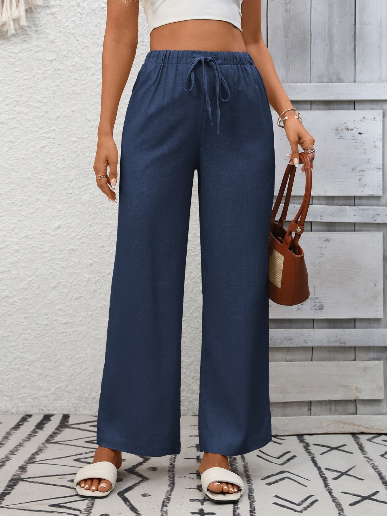 Drawstring High Waist Wide Leg Pants