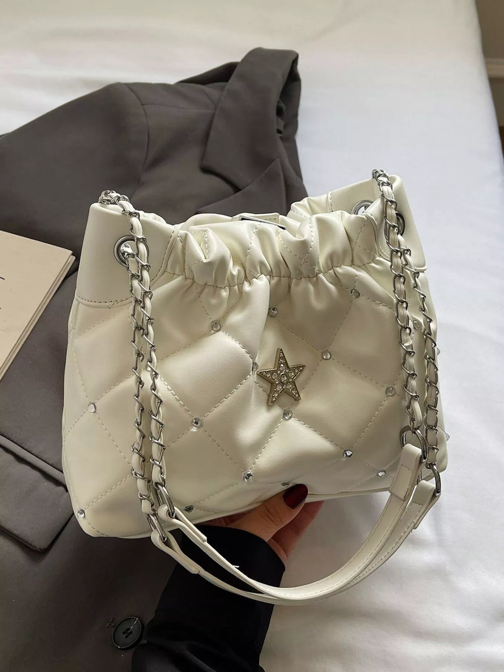 Quilted Rhinestone Star Decor Shoulder Bag