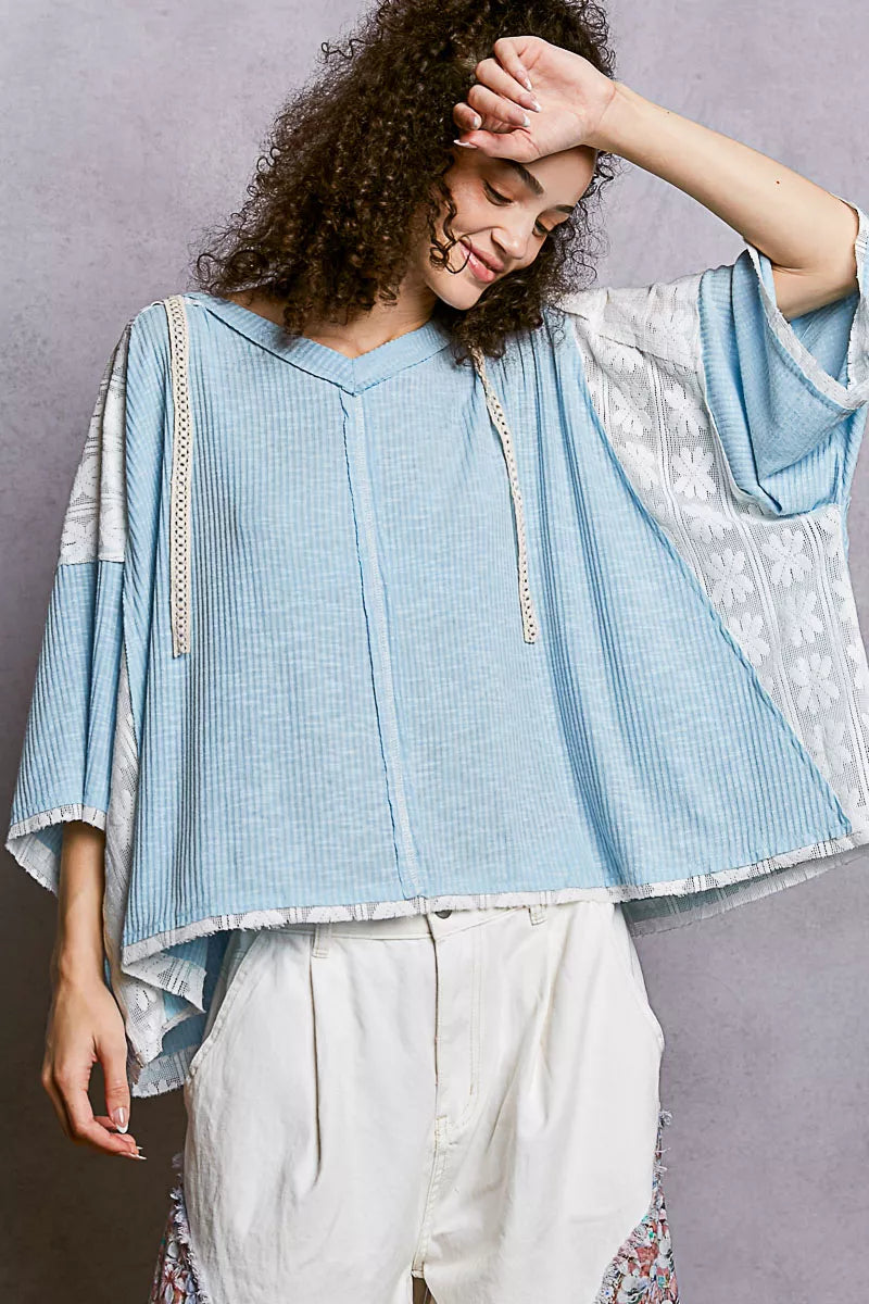 POL Short Sleeve Hoodie Top with Lace Detail