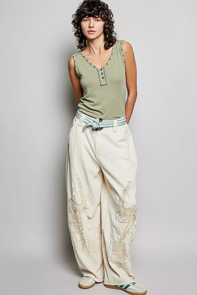 POL Studded Trim Button-Front Ruffle Detail Tank