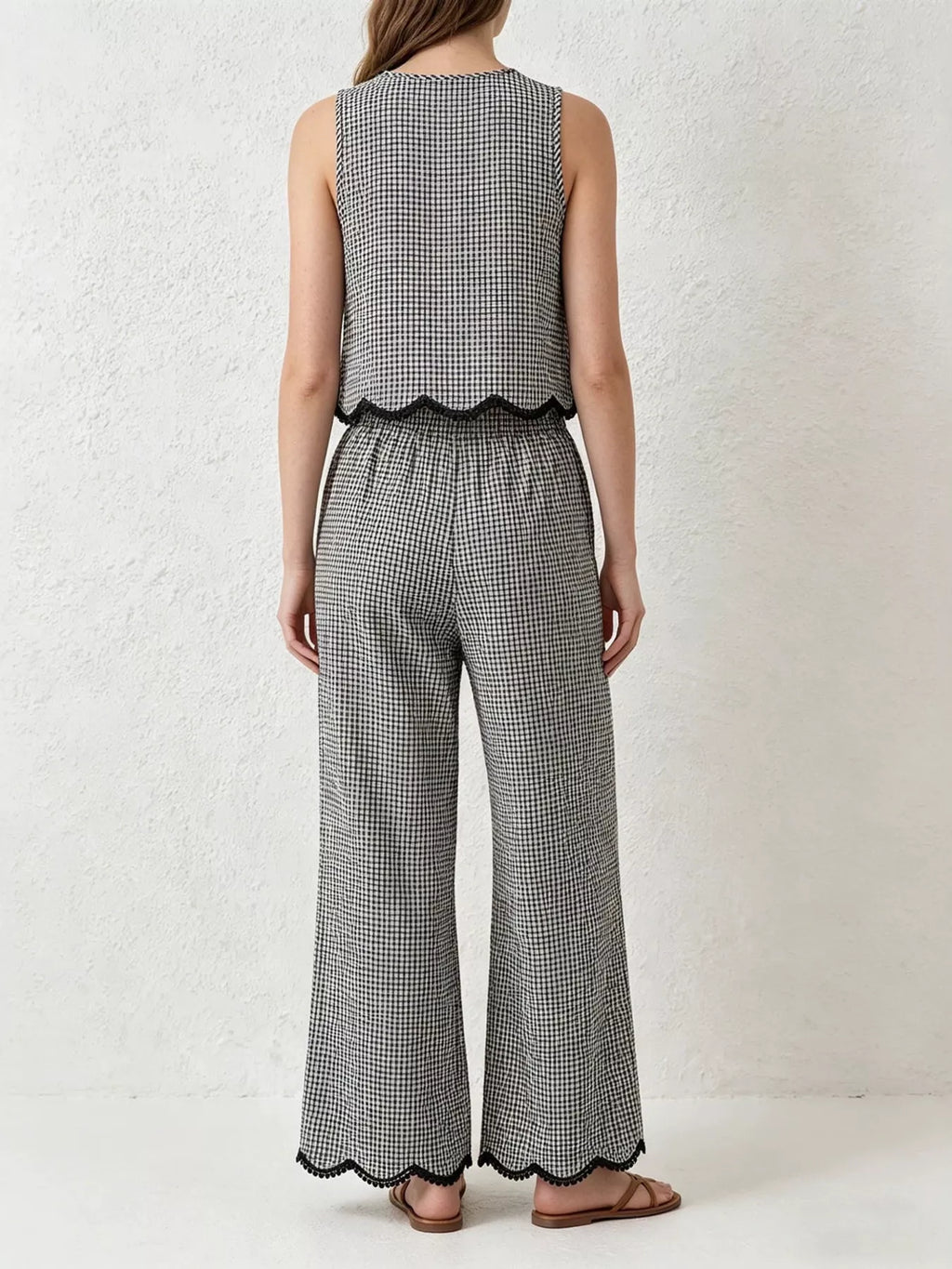 Plaid Scalloped Trim Tank and Pants Set