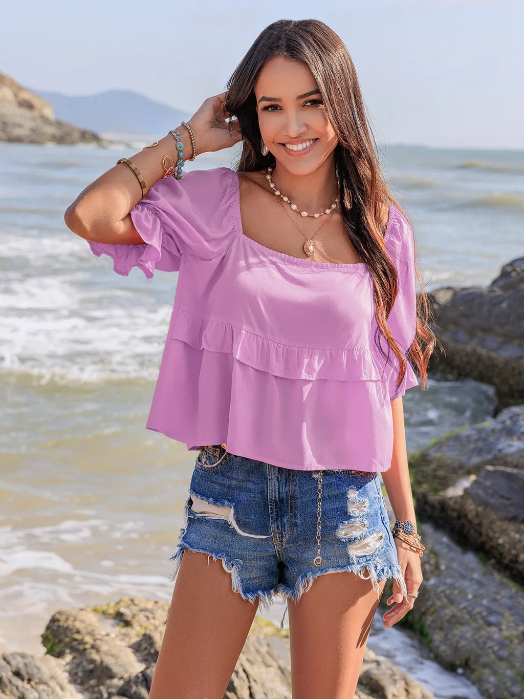 Ruffled Square Neck Half Sleeve Blouse