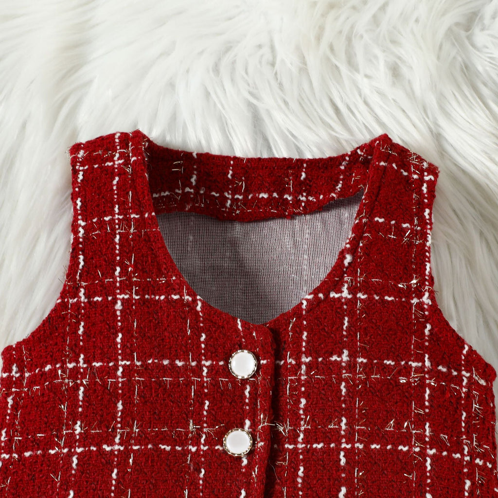 Children's Long Sleeve Top & Plaid Vest & Pleated Skirt Set