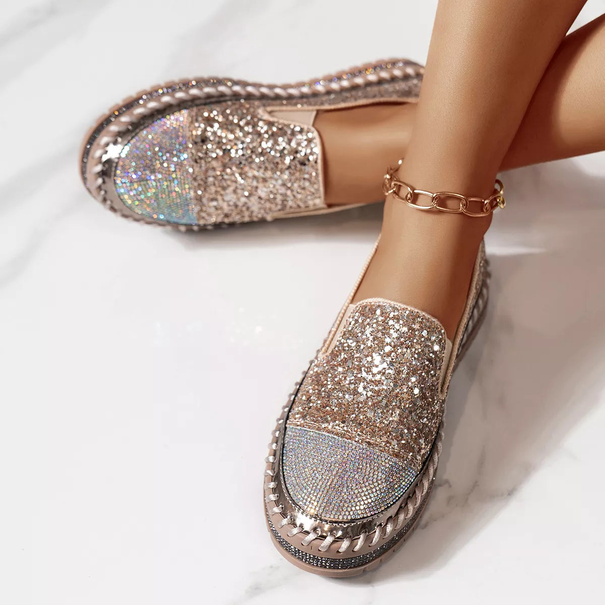 Rhinestone Sequin Round Toe Platform Loafers