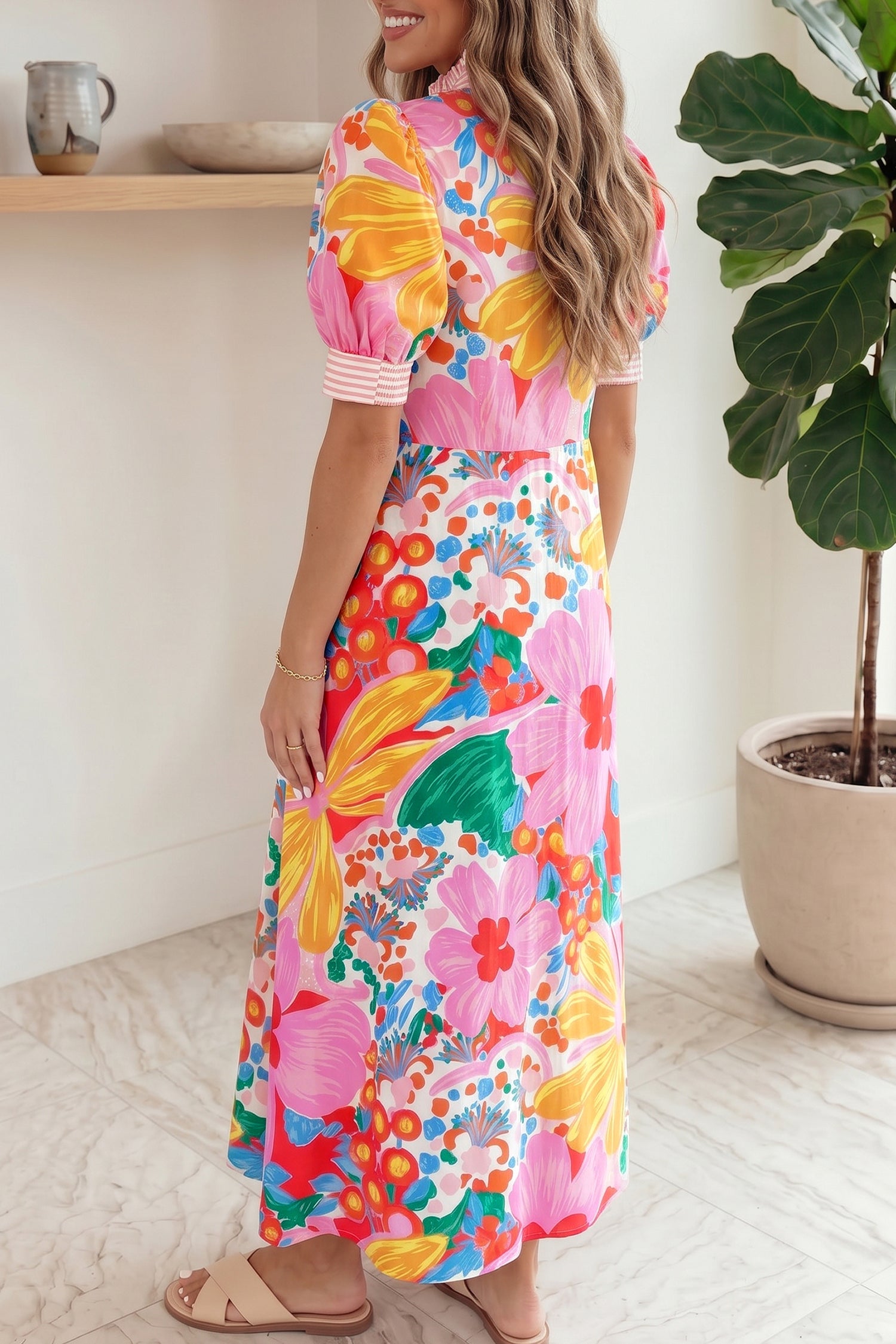 Floral Stripe Trim Puff Sleeve Buttoned Maxi Dress