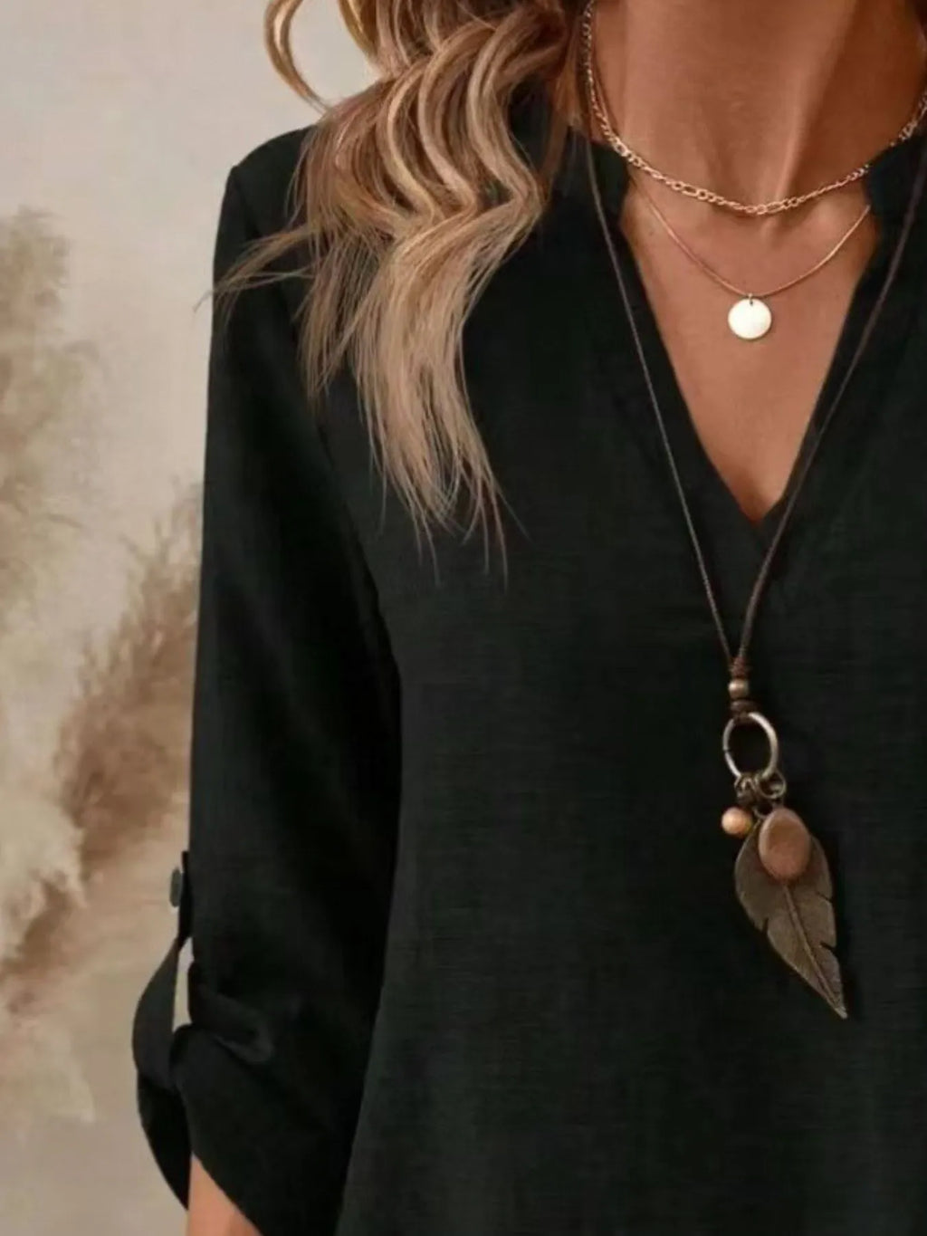 Casual Notched Roll-Up Sleeve Pocket Blouse