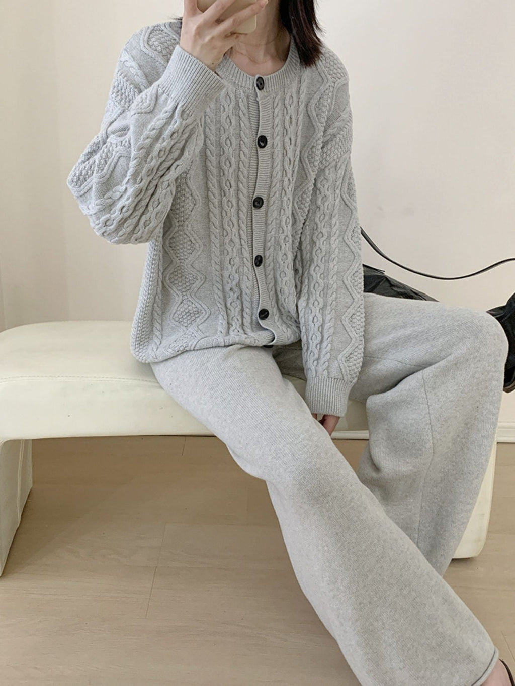 Cable Knit Cardigan & Wide Leg Pants Sweater Set