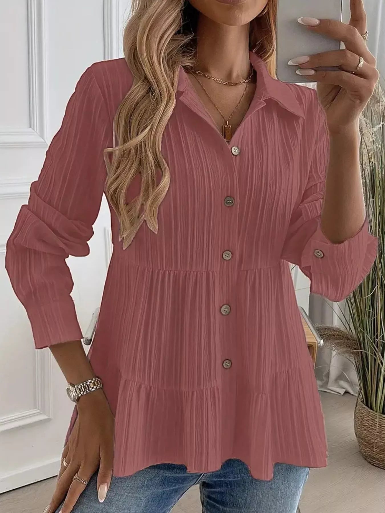 Button-Down Long Sleeve Tiered Shirt