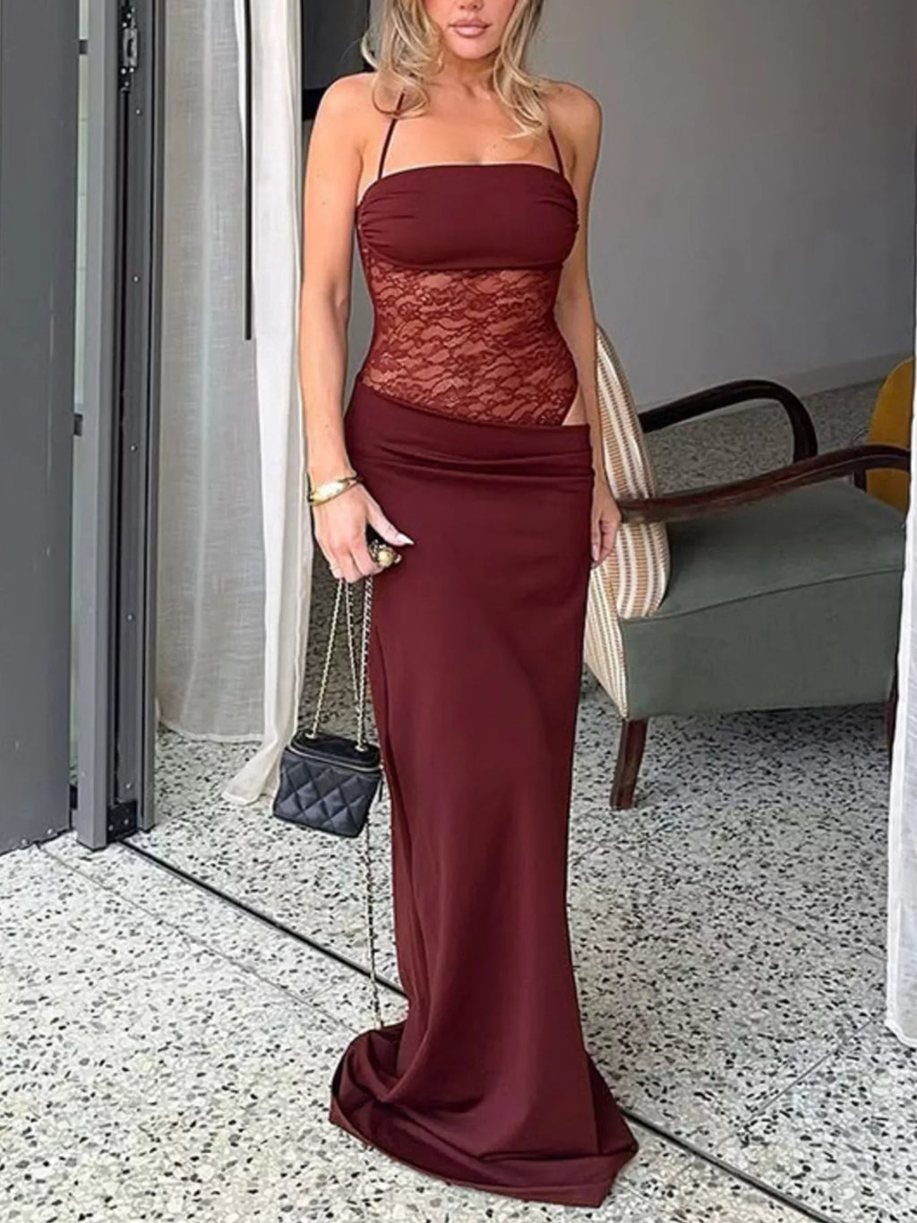 Lace Cutout Tie Shoulder Maxi Dress