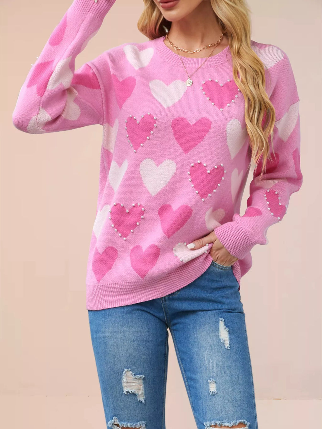 Heart Pattern Beaded Round Neck Sweater