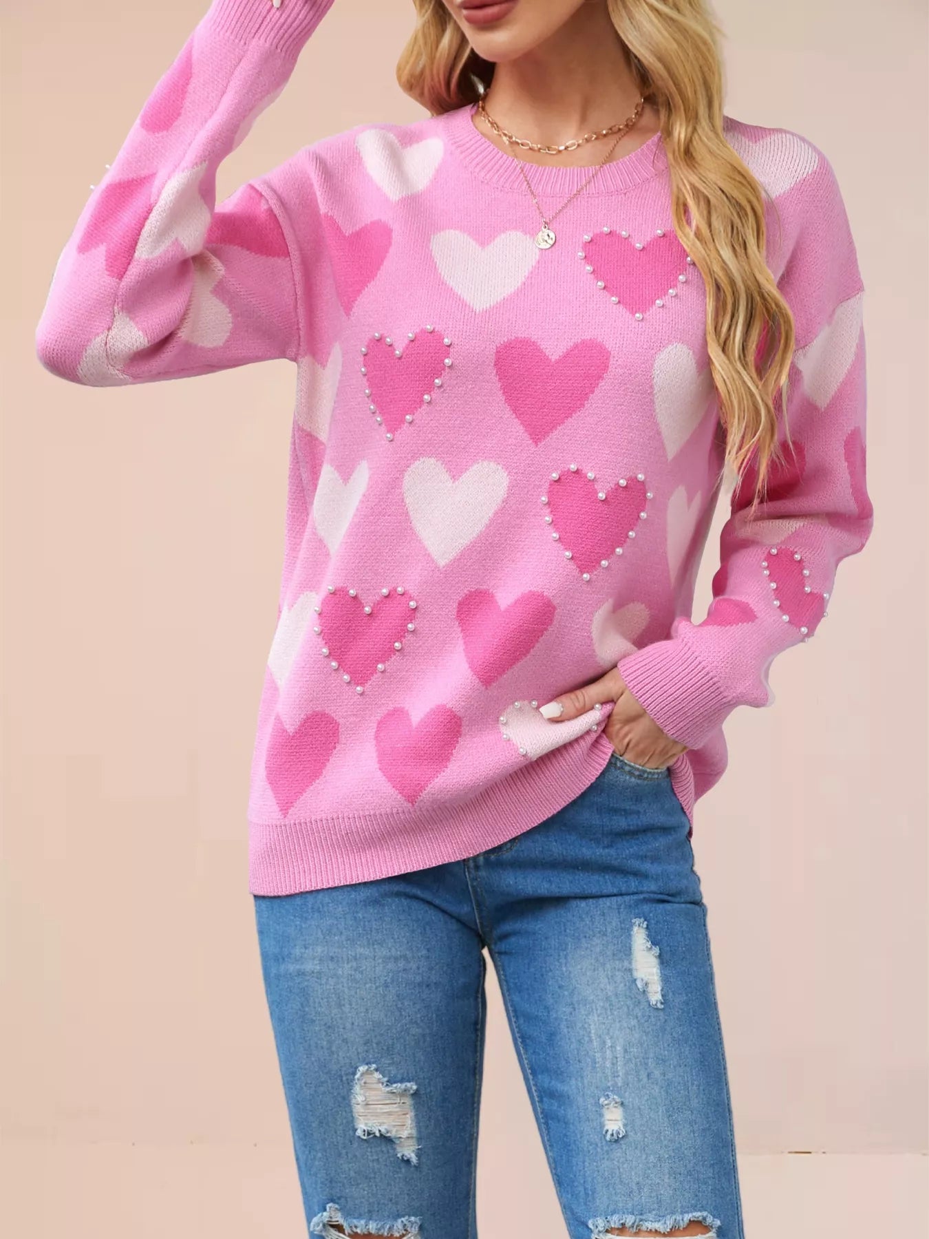 Heart Pattern Beaded Round Neck Sweater
