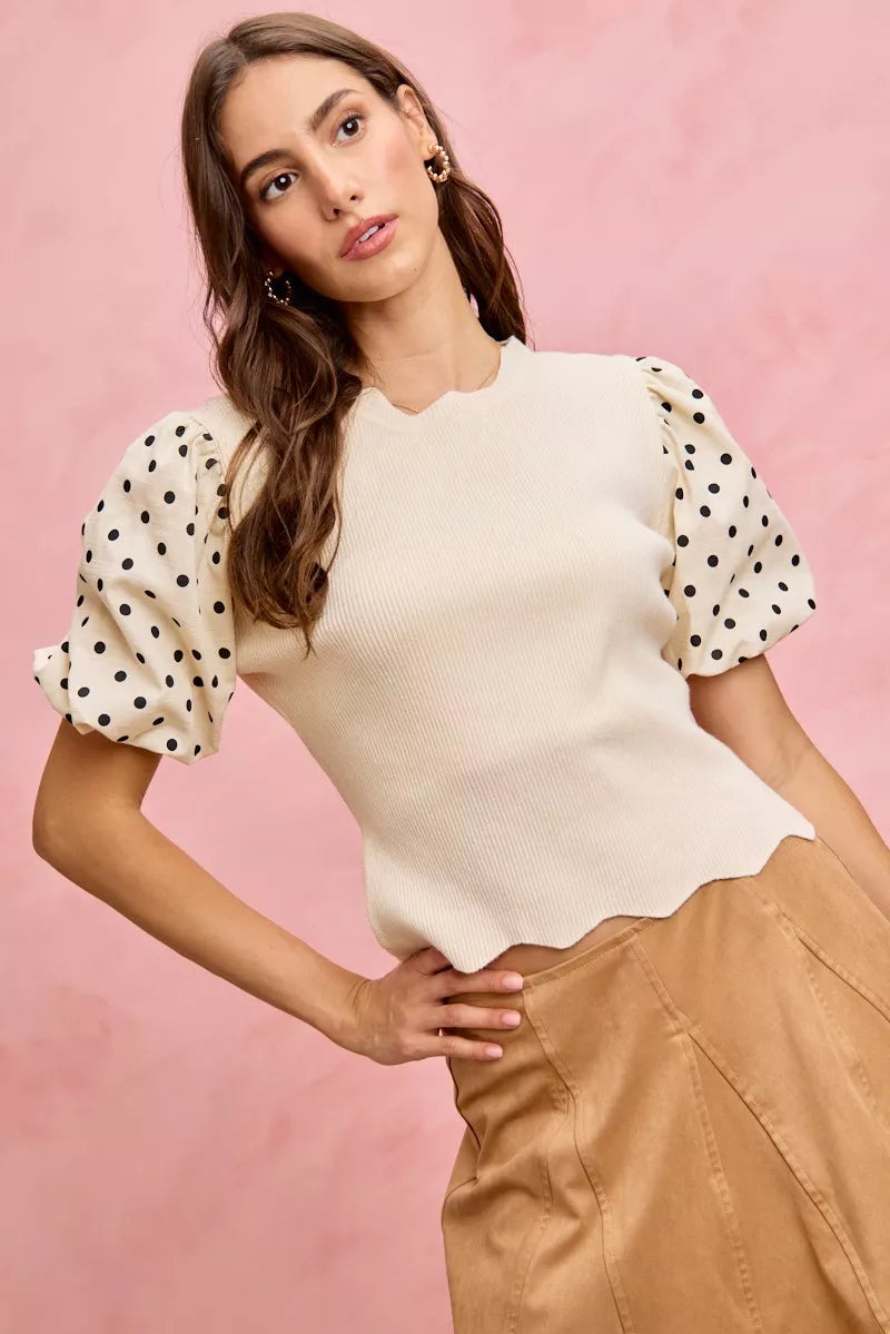 SO ME Polka Dot Contrast Woven Ballon Sleeve Blouse
