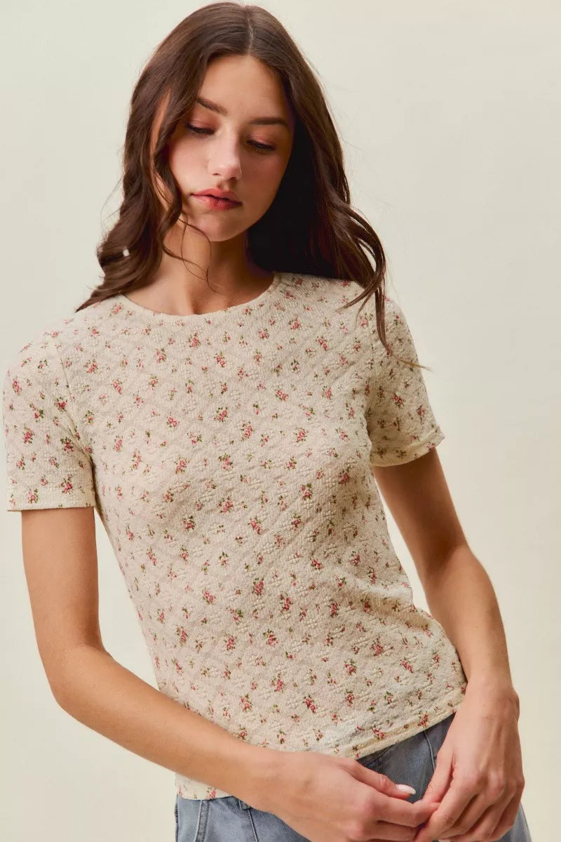 SO ME Floral Print Lace Short Sleeves Layering Knit Top