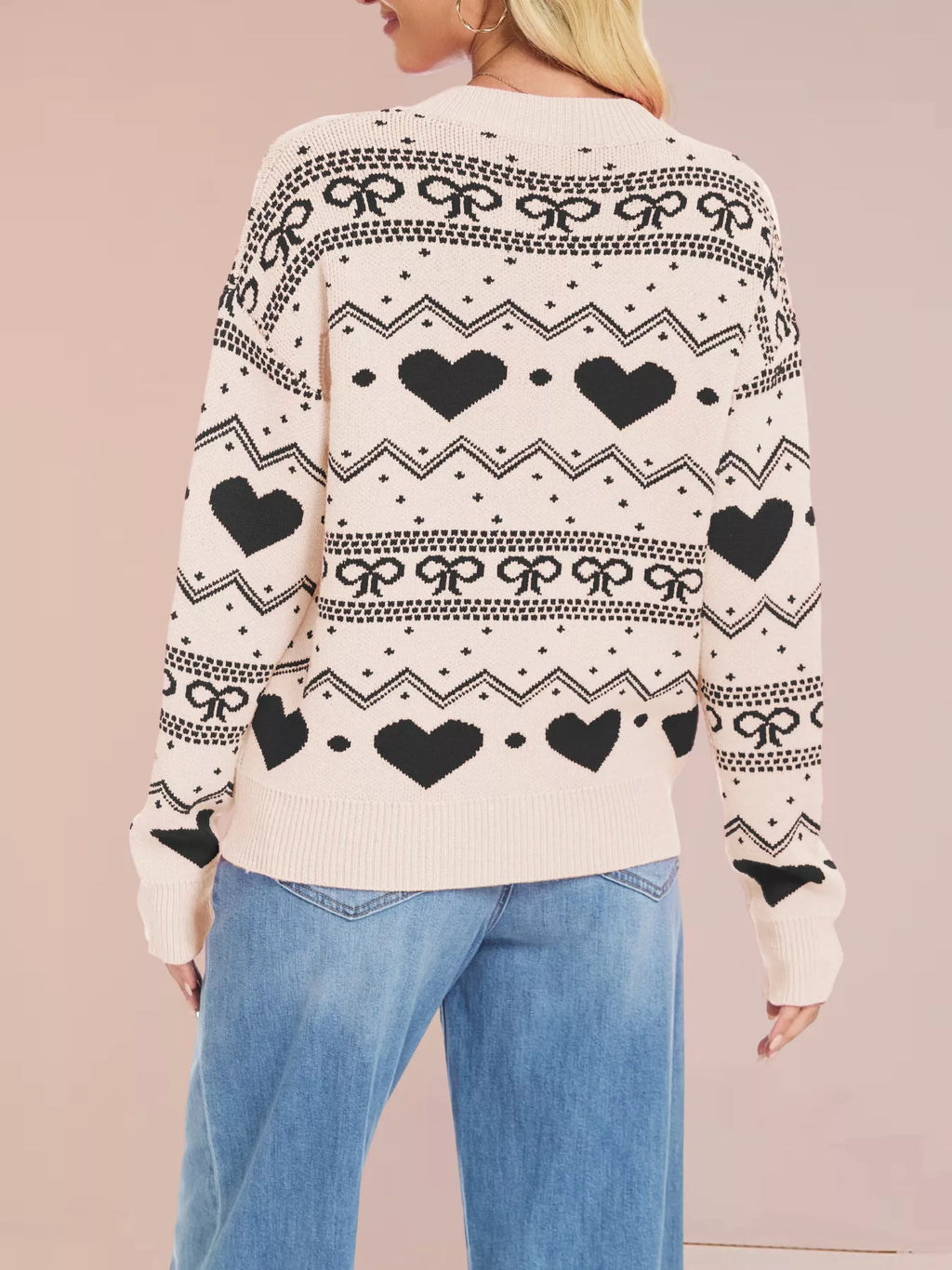 Heart & Bow Pattern Round Neck Sweater