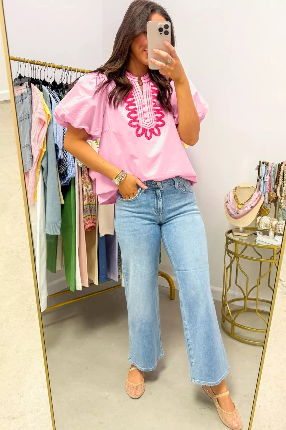 Embroidered Detail Puff Sleeve Cotton Blouse