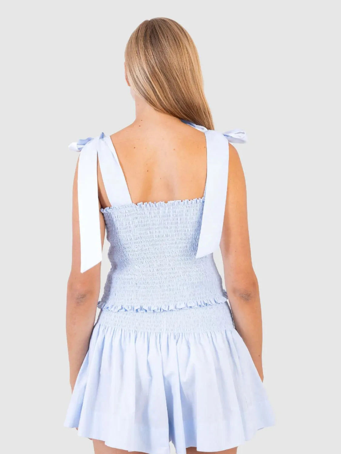 Smocked Tie Shoulder Top and Mini Skirt Set