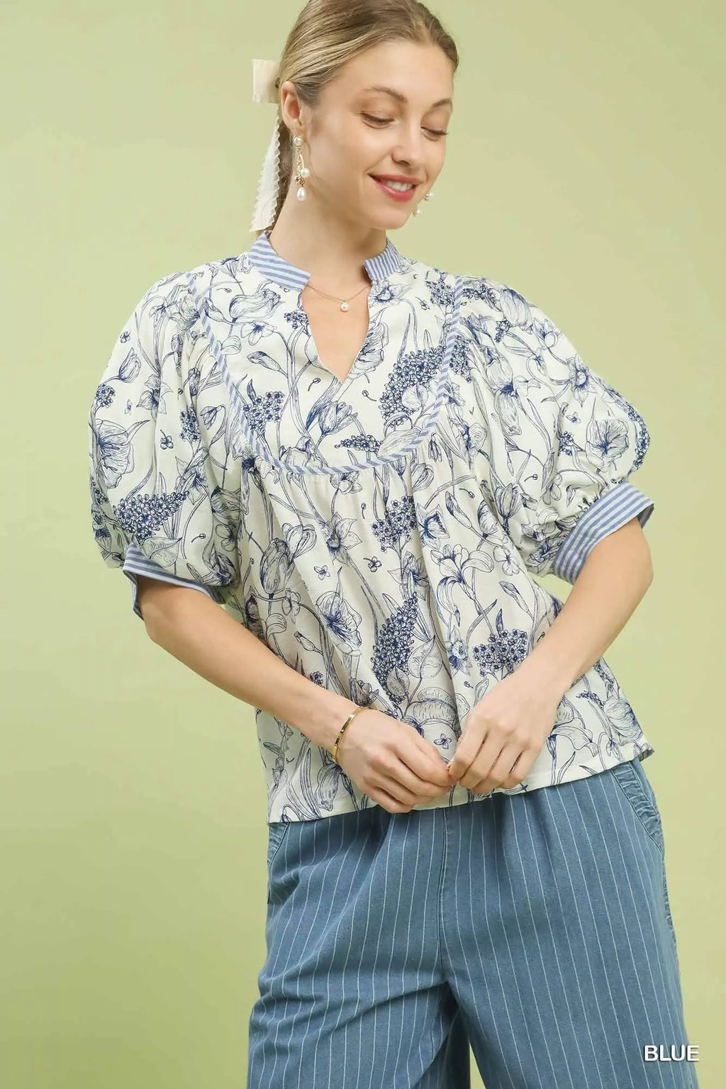 Umgee Mixed Print Puff Sleeve Split Neck Top