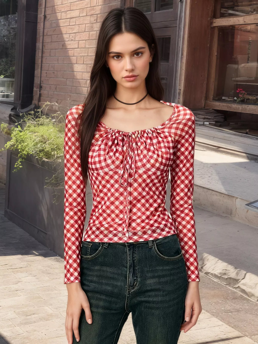 Gingham Tie Front Long Sleeve Blouse