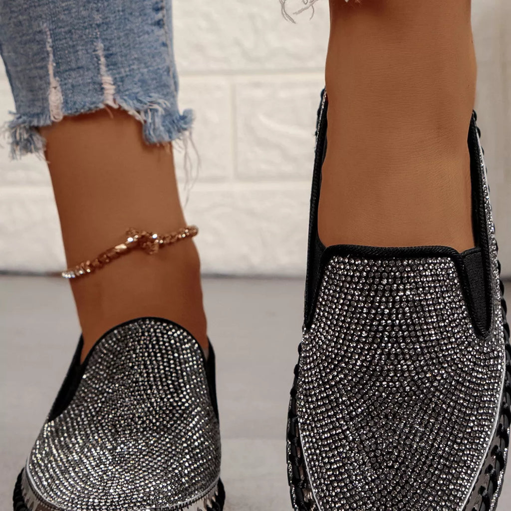 Rhinestone Round Toe Platform Loafers