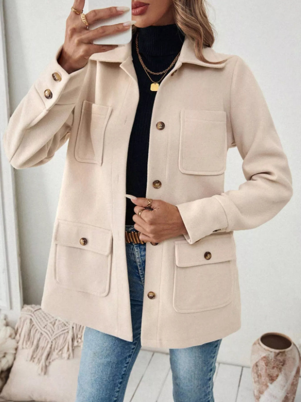 Button-Front Pocketed Long Sleeve Outerwear