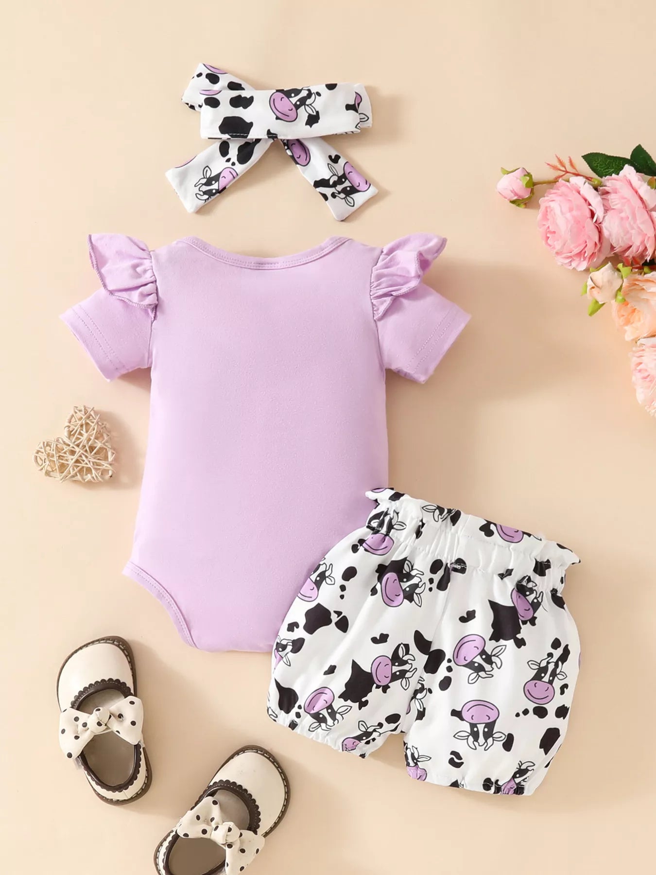 Children's Ruffled Cow Bodysuit and Shorts Set with Headband