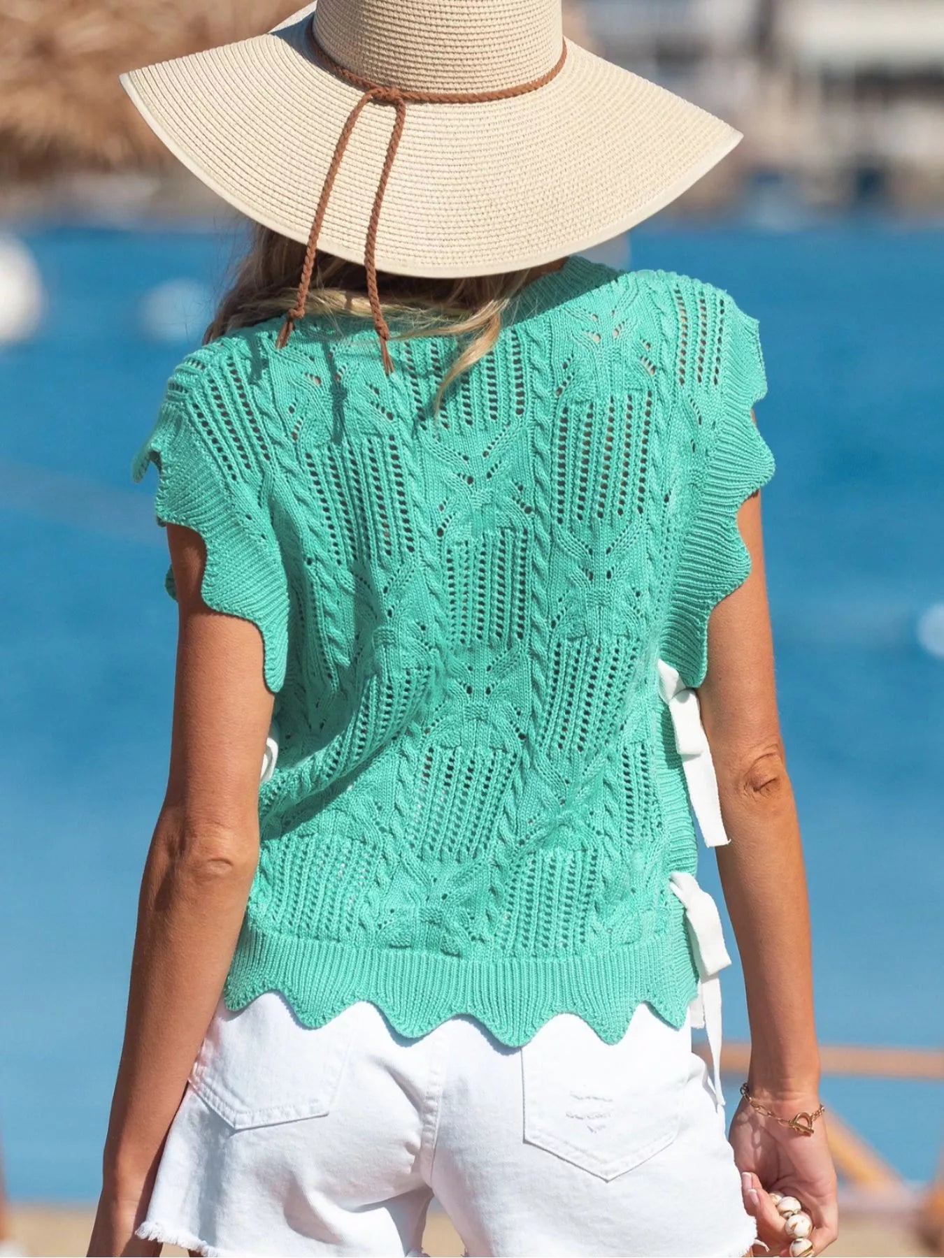 Pointelle Knit Patterned Scalloped Trim Short Sleeve Sweater