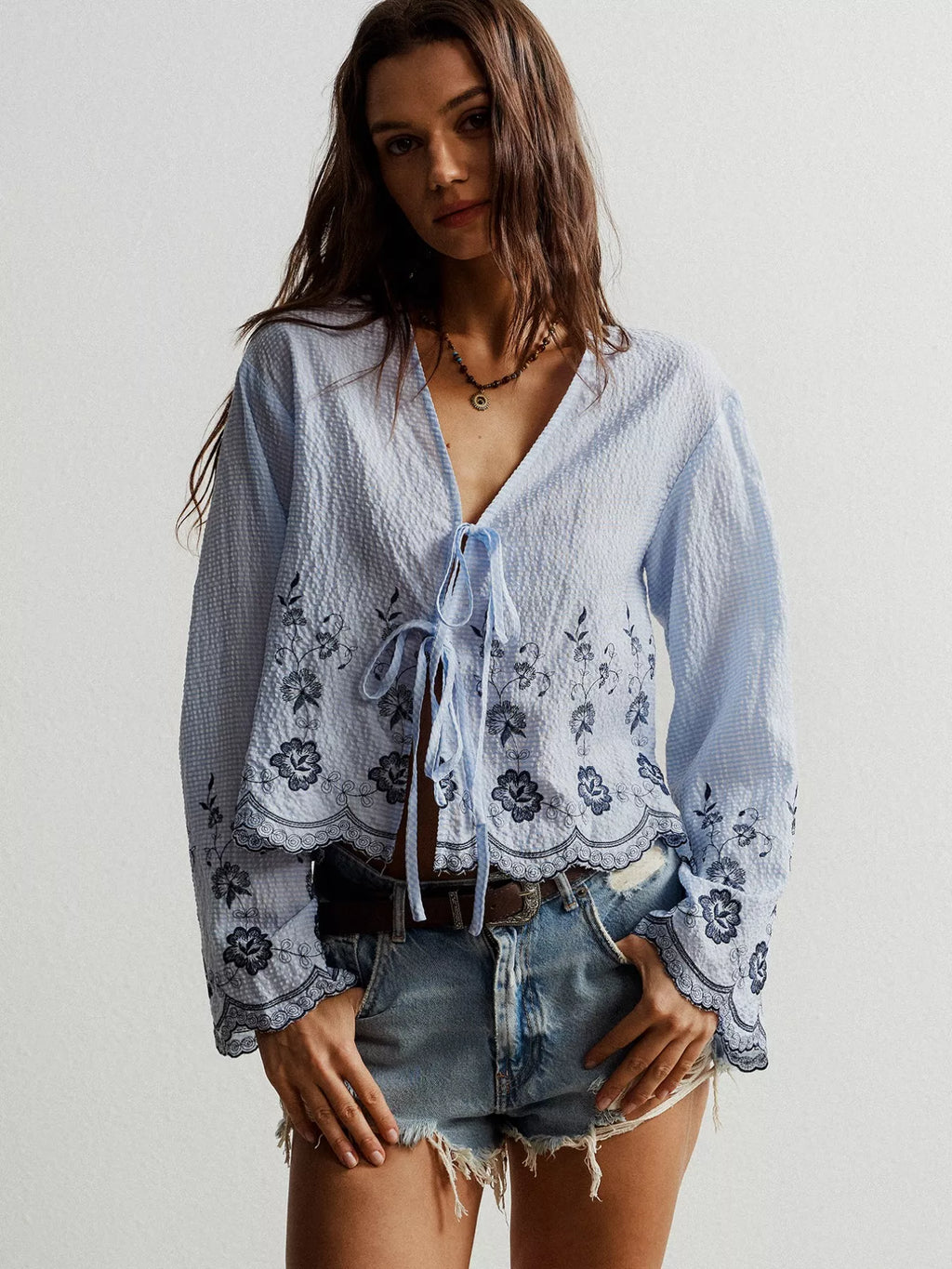 Floral Embroidered Tie-Front Blouse