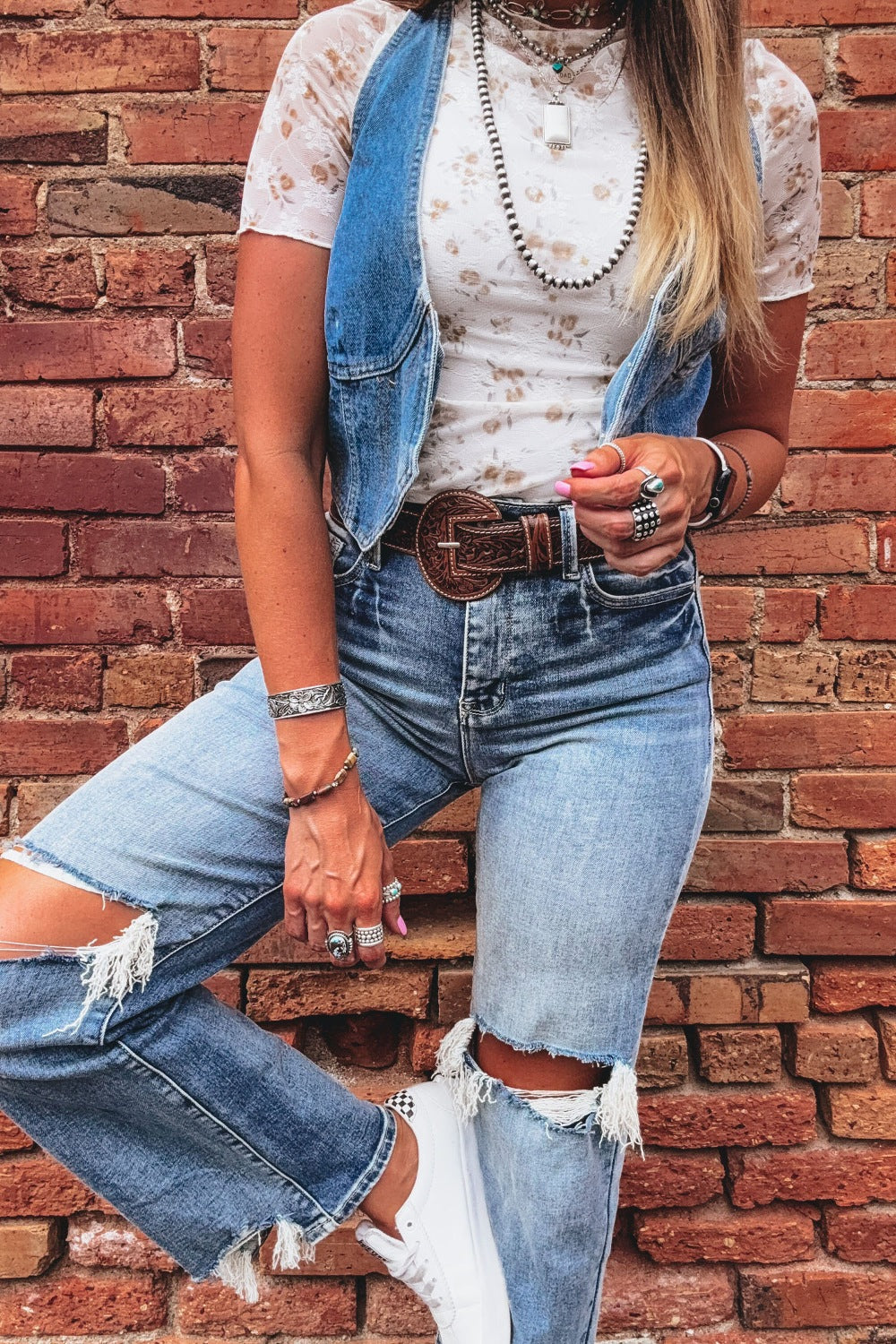 Floral Lace Mock Neck Fitted T-Shirt