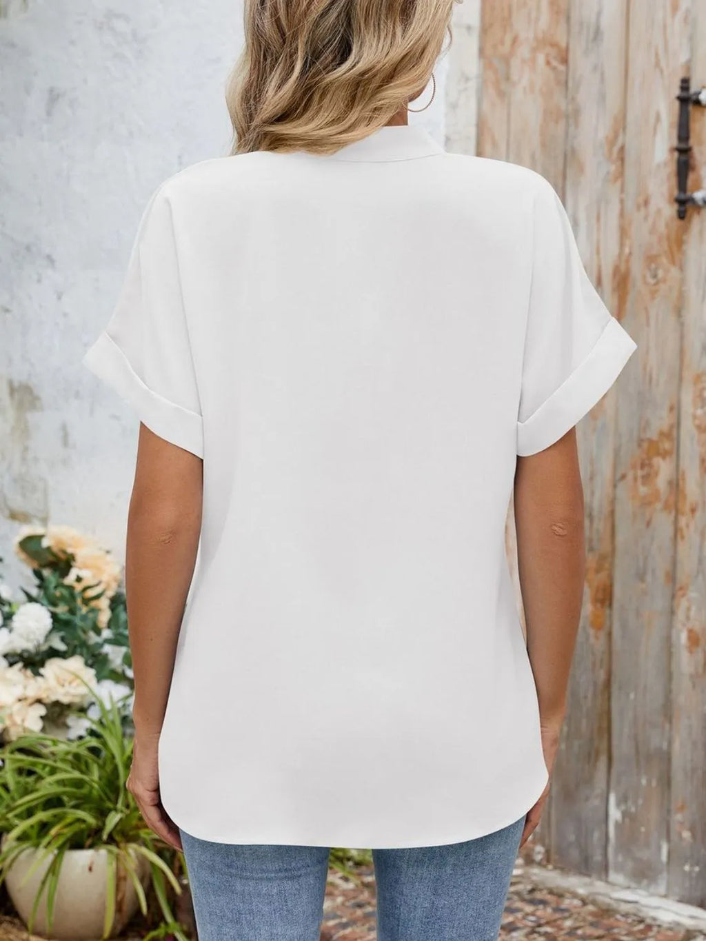 Notched Short Sleeve Blouse