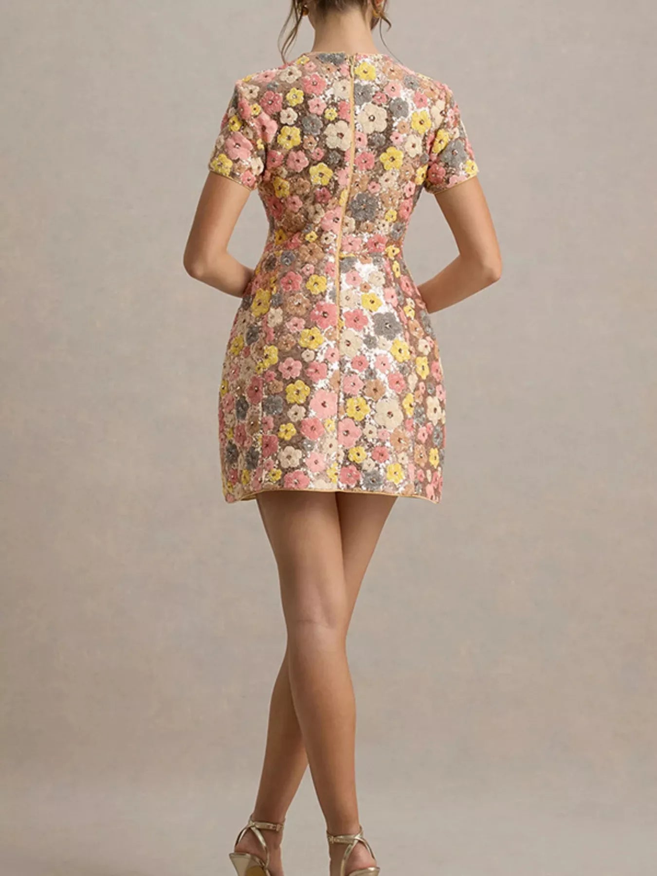 Floral Sequin Short Sleeve Mini Dress