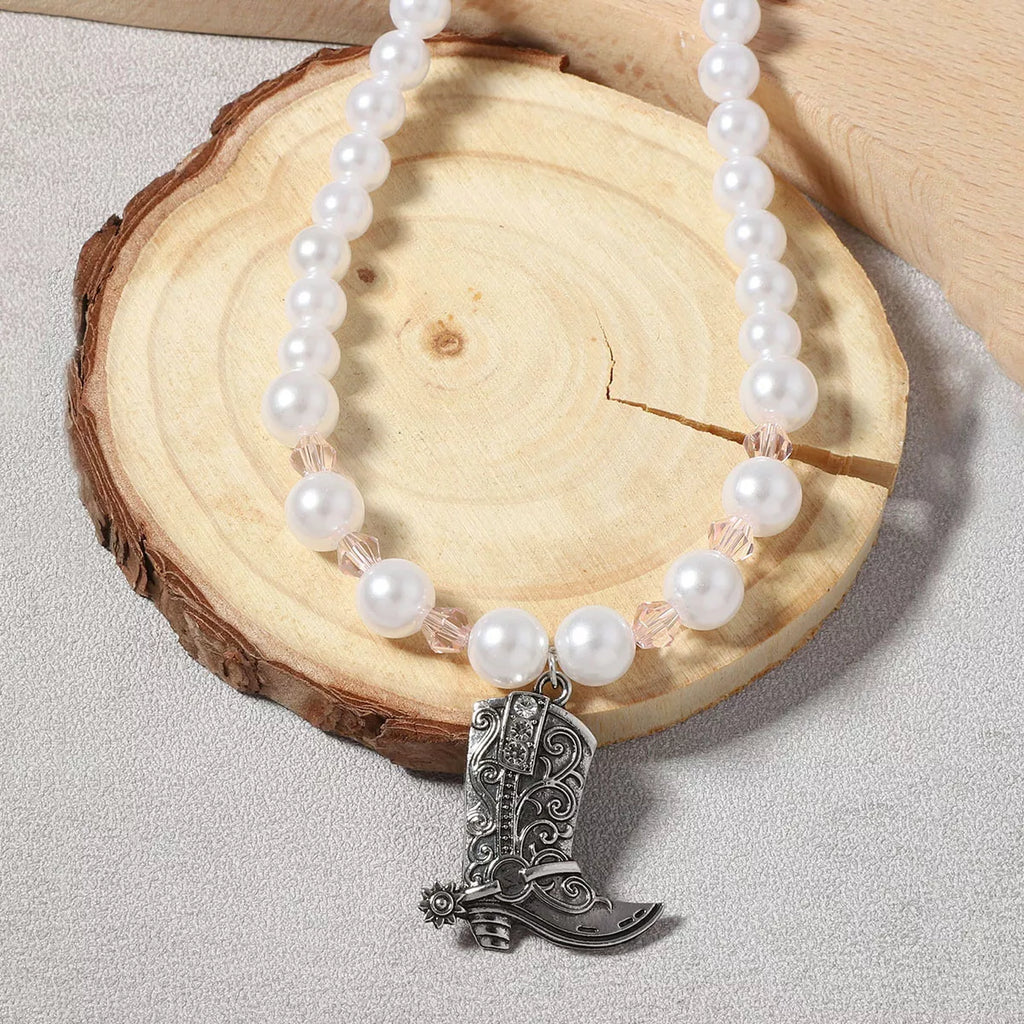Pearl Beaded Cowboy Boot Necklace