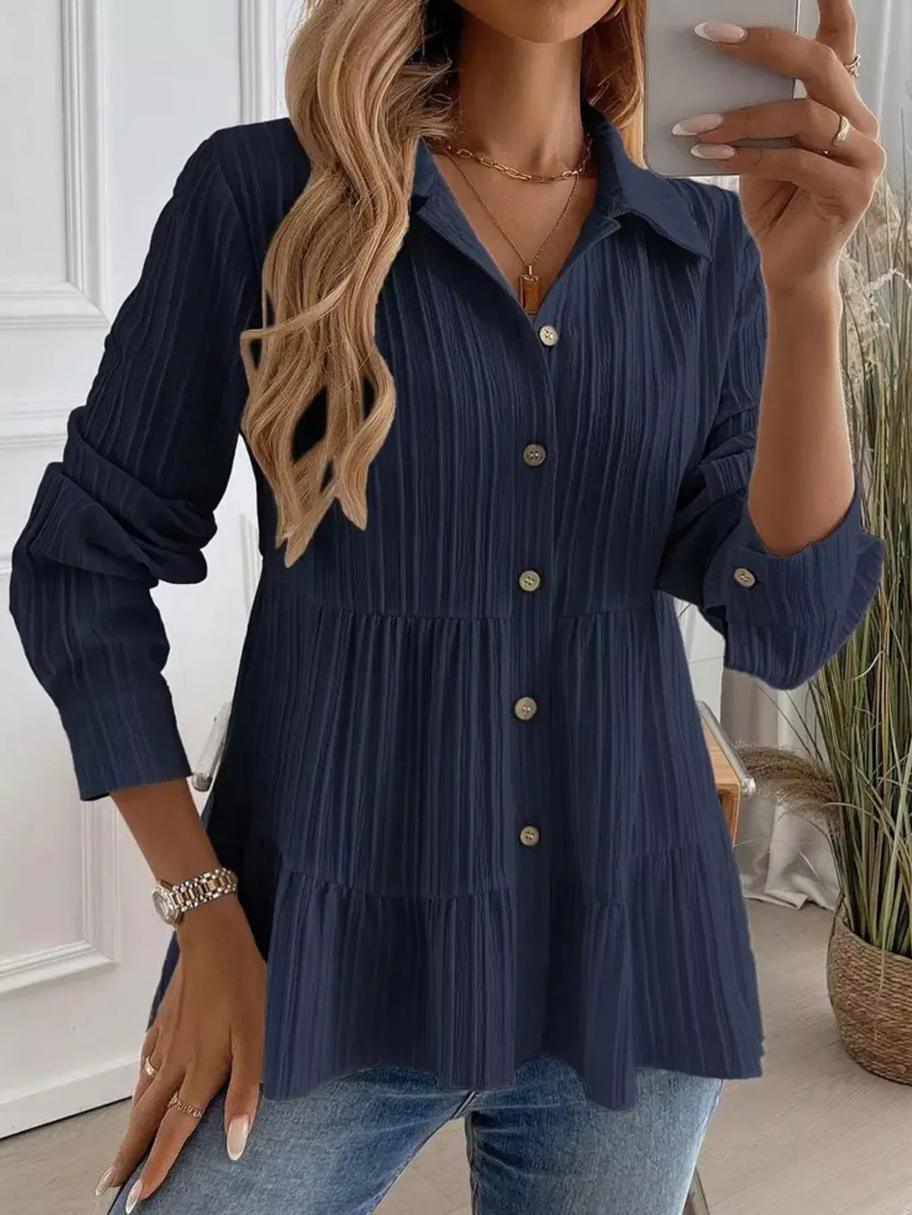 Button-Down Long Sleeve Tiered Shirt