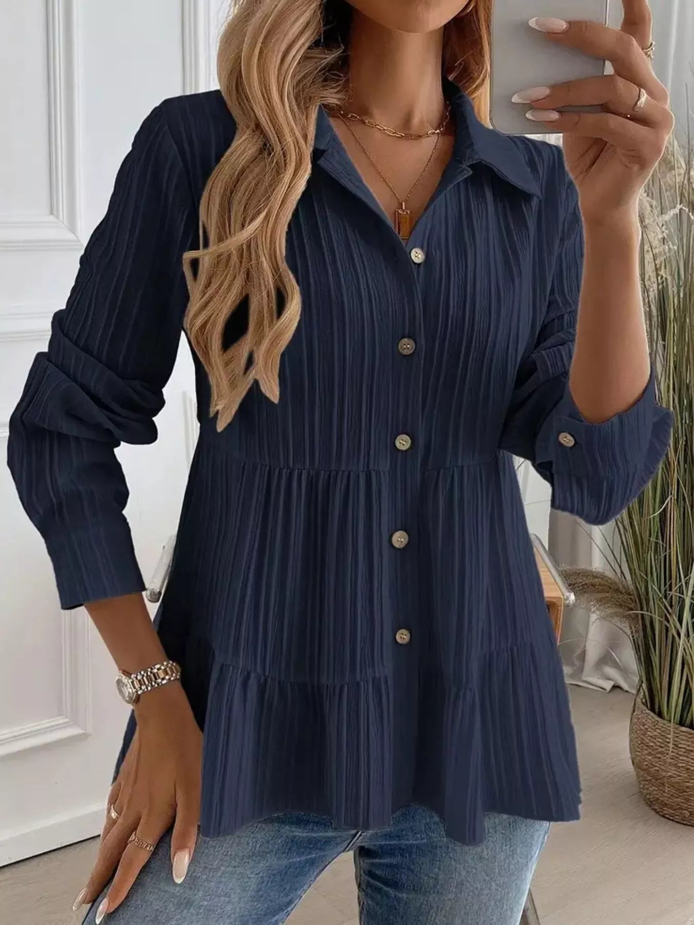Button-Down Long Sleeve Tiered Shirt