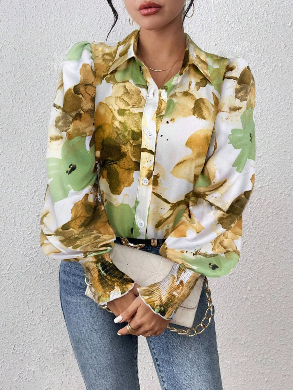 Printed Button Up Lantern Sleeve Shirt