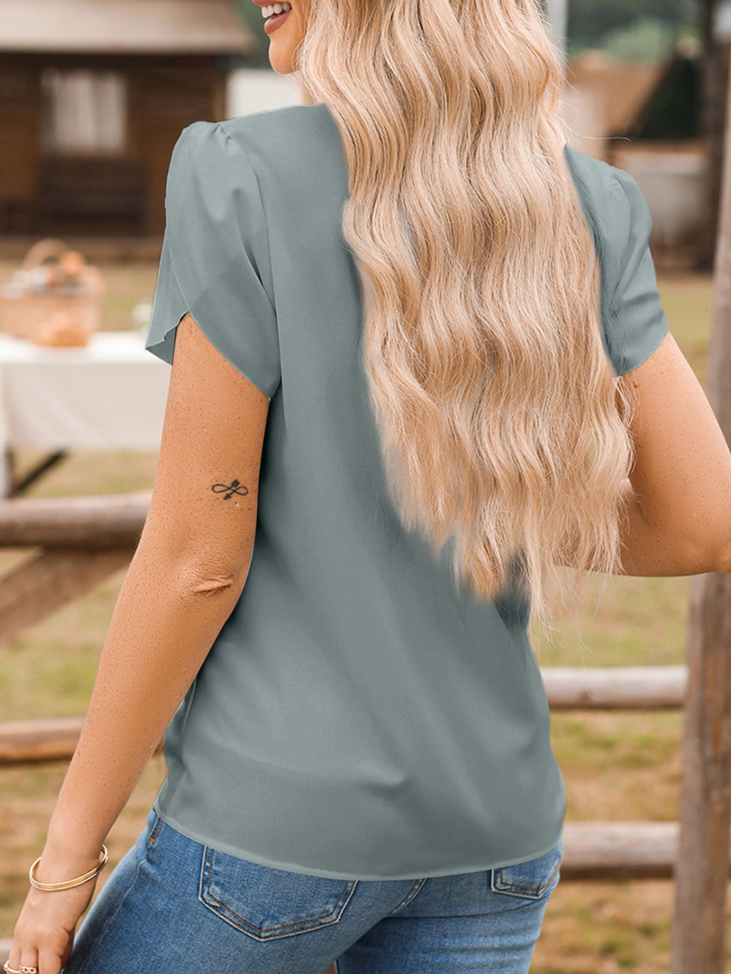 Notched Neckline Petal Sleeve Blouse