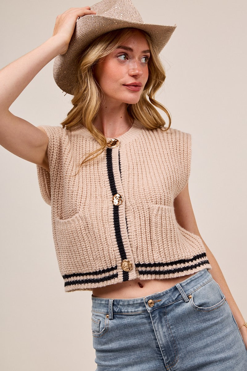 SO ME Big Metal Button Front Stripe Edge Knitted Sweater Vest