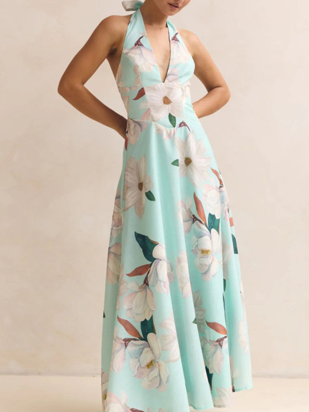 Floral Print Halter Neck Maxi Dress