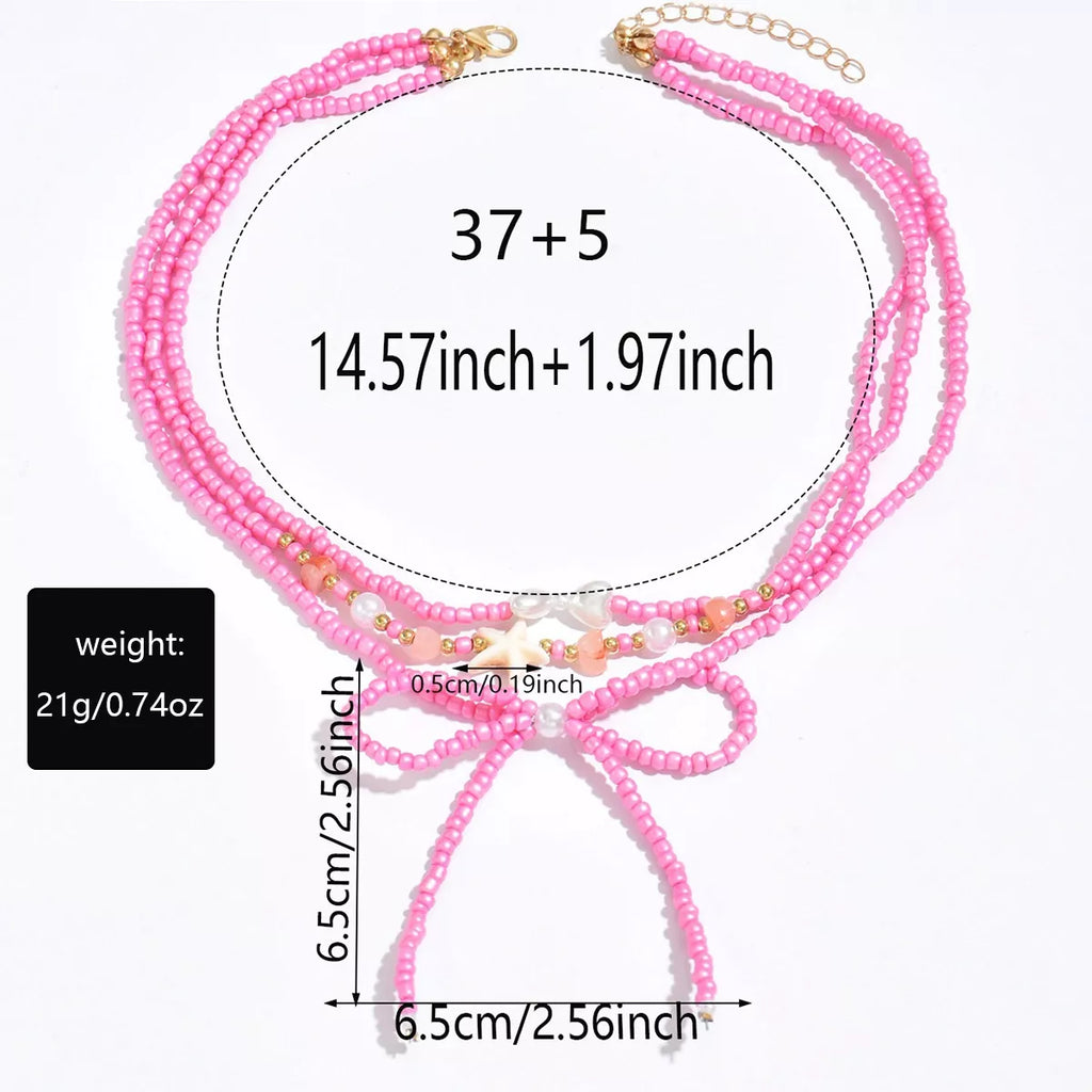 Beaded Three-Layered Necklace with Bow and Starfish Charms