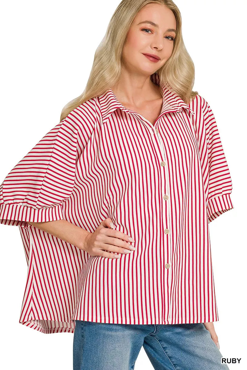 Zenana Oversized Stripe Button Down Shirt
