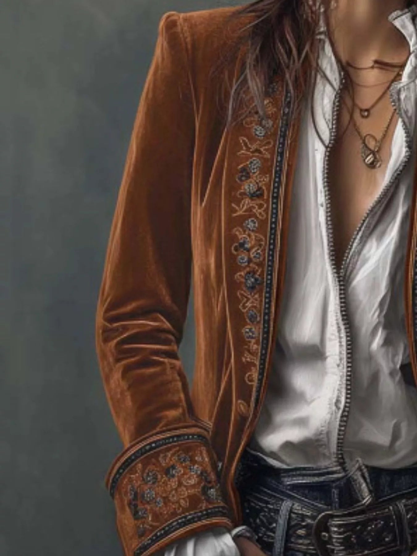 Embroidered Velvet Long Sleeve Outerwear