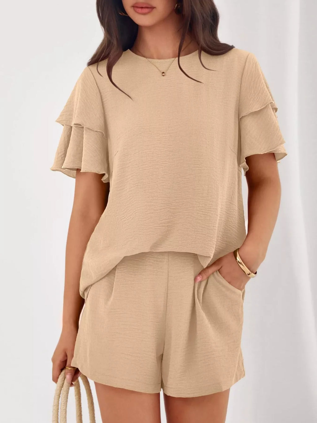Ruffle Sleeve Top and Shorts Two-Piece Set