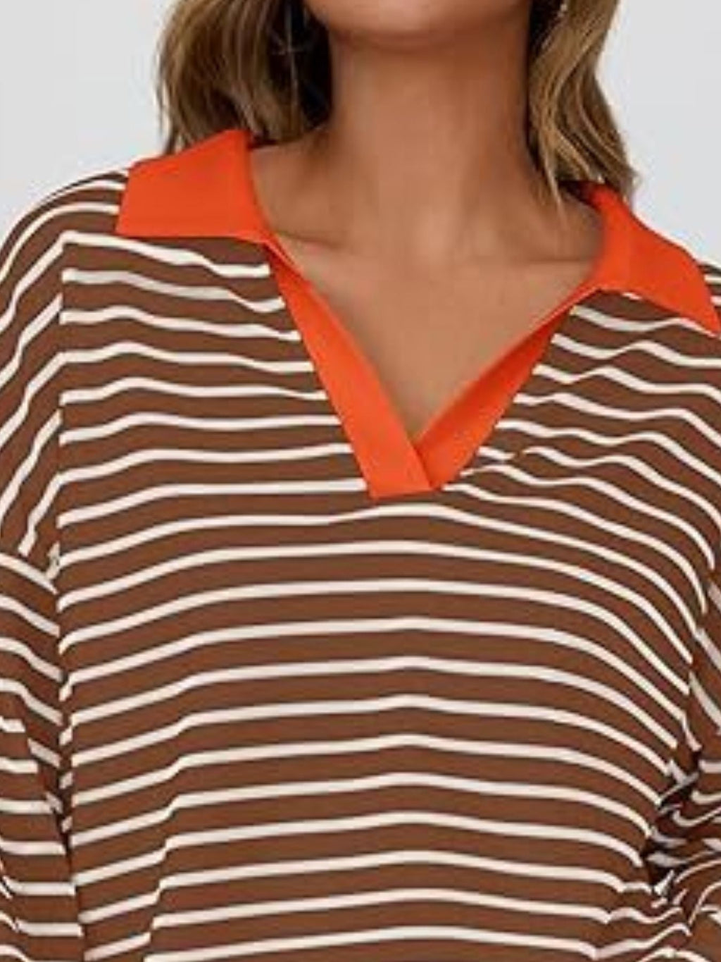 Striped Contrast Collar Long Sleeve Top